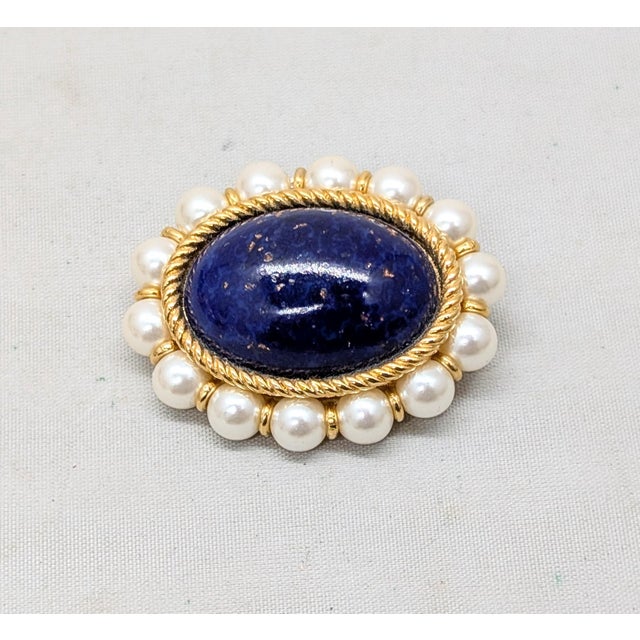 1990s Vintage 1991 Napier Book Piece Cabochon Faux-Lapis and Faux-Pearl Brooch For Sale - Image 5 of 6