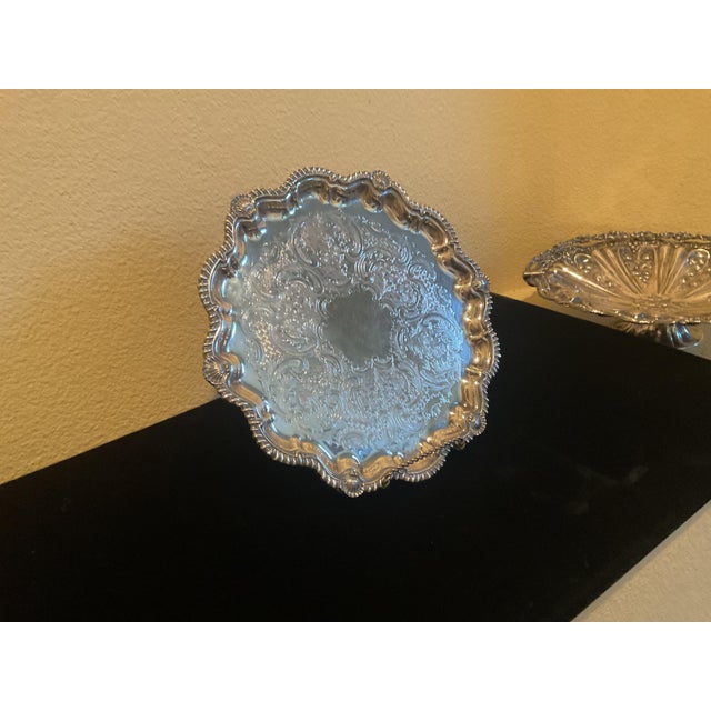 Metal Vintage Silver Plated Engraved Footed Tray With Scalloped Edge For Sale - Image 7 of 14