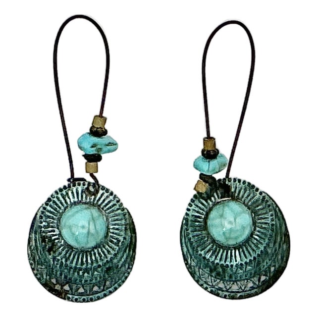 1990s Vintage Southwestern Mexican Boho Chic Faux Turquoise & Verdigris Metal Dangle Earrings - A Pair For Sale