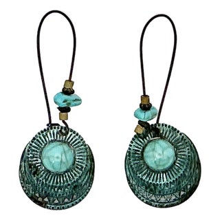 1990s Vintage Southwestern Navajo Boho Chic Faux Turquoise & Verdigris Metal Dangle Earrings - A Pair For Sale