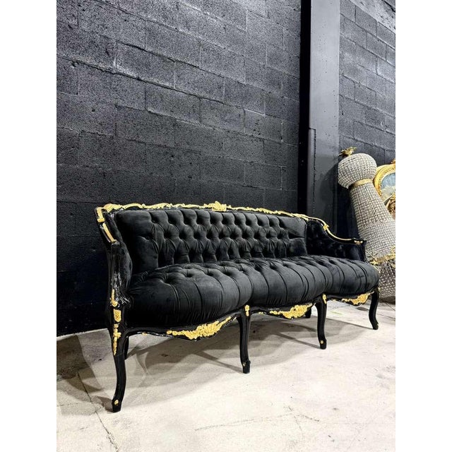 Gothic Black Velvet Sofa With Hand-Applied Gold Leaf Frame For Sale - Image 9 of 9