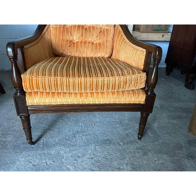 Pair of Vintage Hollywood Regency Style Mahogany Inlaid Club Lounge Armchairs by Statesville Club For Sale - Image 12 of 12