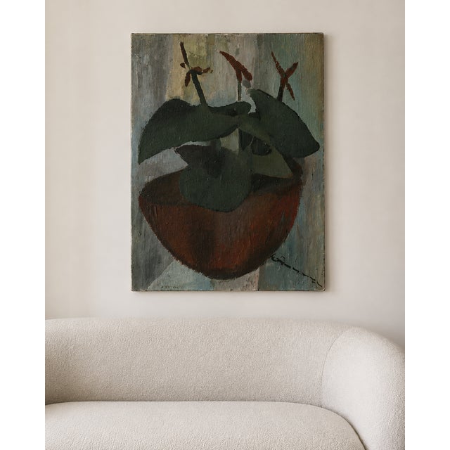 A generous and atmospheric mid-century modernist oil painting on canvas titled "fleurs à la calebasse" (flowers in the...