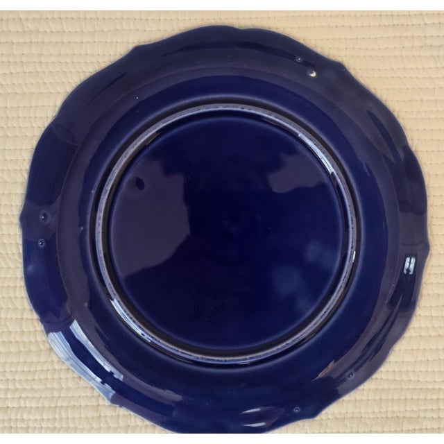 Mid 20th Century Set of Six Blue Glazed Stoneware Plates and Platters With Relief Floral Pattern - Set of 6 For Sale - Image 9 of 10