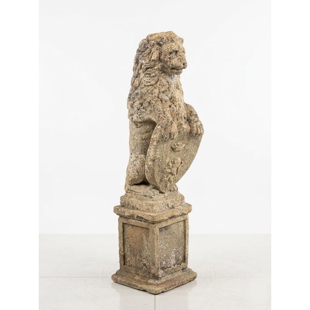 1950s A Pair of Antique English Cast Stone Heraldic Lion Guardians on Pedestals For Sale - Image 5 of 9