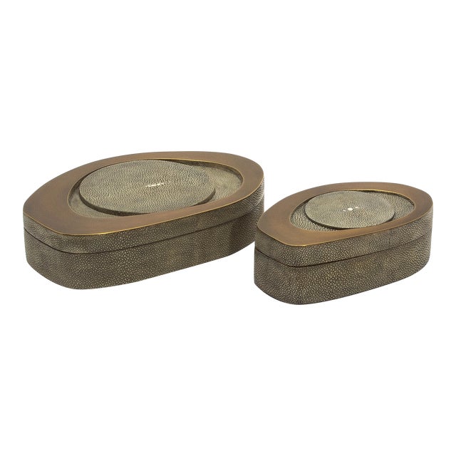 Set of 2 Boxes in Grey Shagreen With Bronze Patina Brass by R&y Augousti For Sale