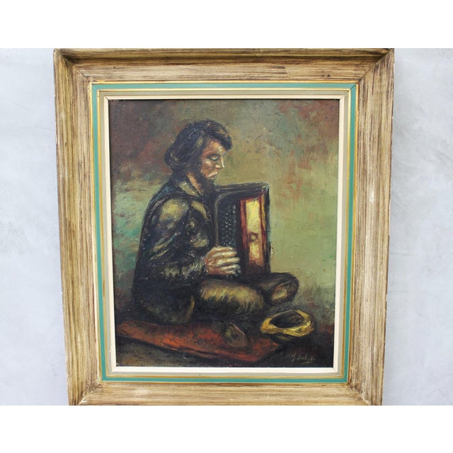 European Artist, Street Musician with Accordion, 1969, Oil on Canvas, Framed For Sale - Image 3 of 10