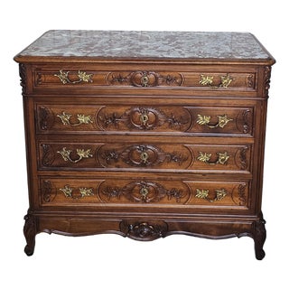 Late 19th Century Walnut Commode Chest, French Louis XV Style. Marble-Top For Sale