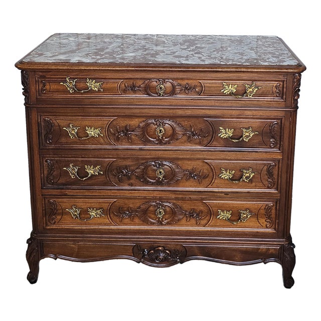 Late 19th Century Walnut Commode Chest, French Louis XV Style. Marble-Top For Sale