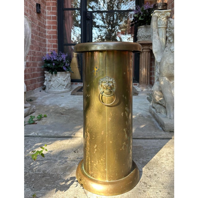1940s Antique Brass Lion Double Ring Handled Umbrella Stand For Sale - Image 5 of 10
