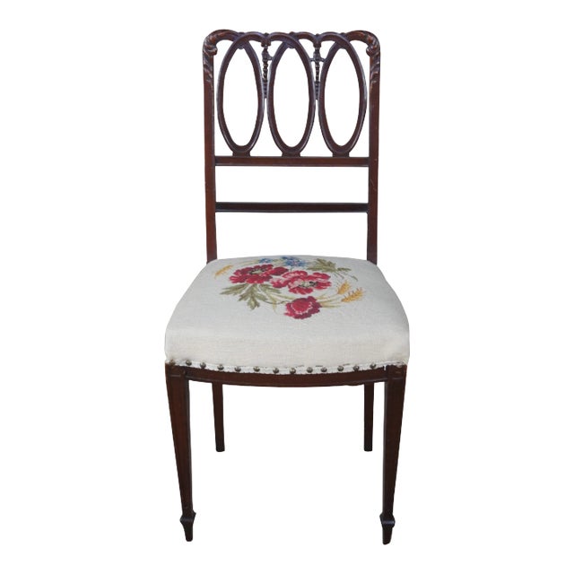 Late 19th Century Antique Hepplewhite Mahogany Needlepoint Hoop Back Dining Chair For Sale