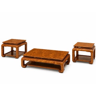 1970s Vintage Henredon / Thomasville Style Burl Wood Ming Coffee Table Set (3-Piece) For Sale