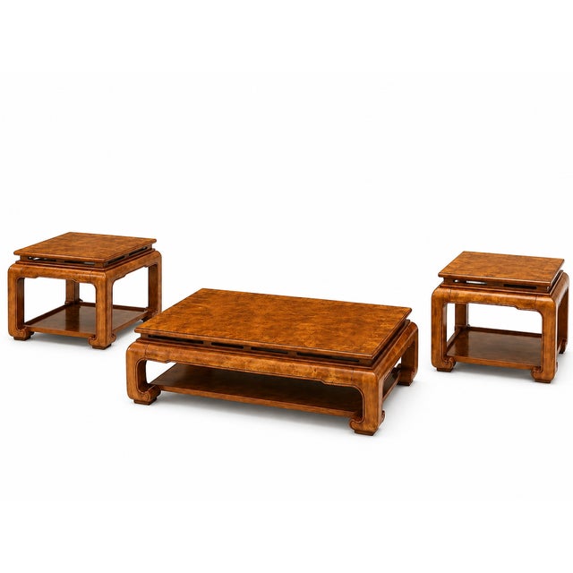 1970s Vintage Henredon / Thomasville Style Burl Wood Ming Coffee Table Set (3-Piece) For Sale