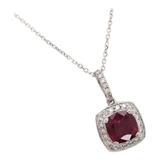 1.24ct Ruby Pendant W Earth Mined Diamonds in Solid 14k White Gold Cushion 6mm For Sale