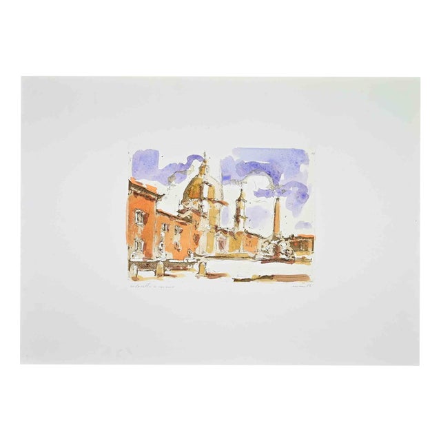Franco Marzilli, View of Piazza Navona Rome, 1980s, Etching For Sale