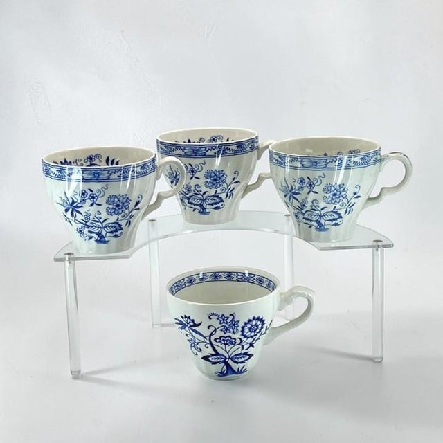 Meakin & Co. Vintage Blue Onion Teacups (Blue Fjord, Blue Nordic Patterns From Wood & Sons, Meakin) English Blue and White - Set of Four: For Sale - Image 4 of 14