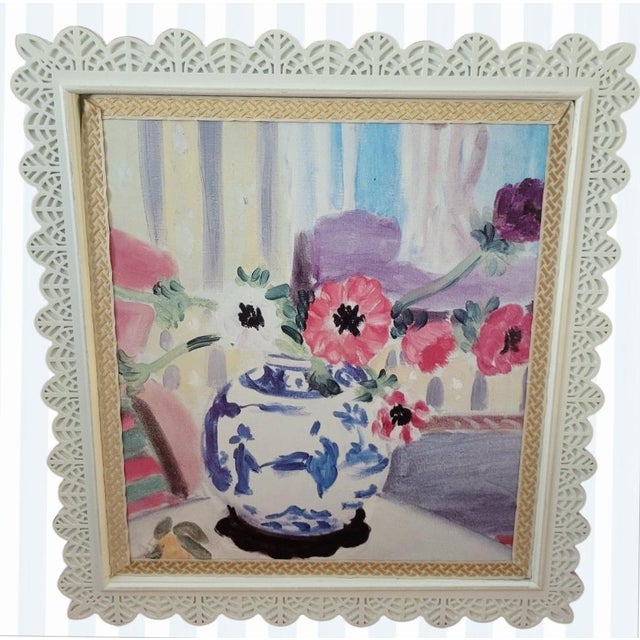 Wood Custom Made Chinoiserie Scalloped Lace Wood Carved Framed Blue White Ginger Jar Wall Framed Print Art For Sale - Image 7 of 9