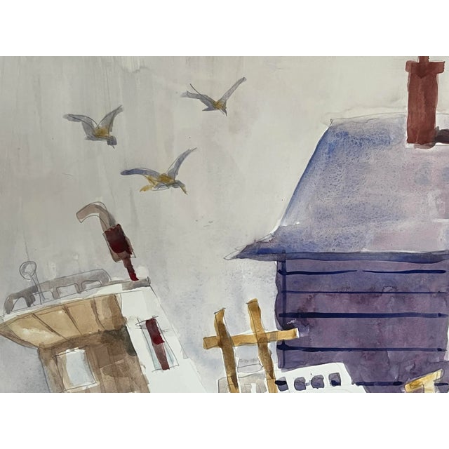1960s Vintage Modernist Watercolor Painting of Fishing Boats in the Boat Yard by Sanford Brooks For Sale - Image 5 of 7