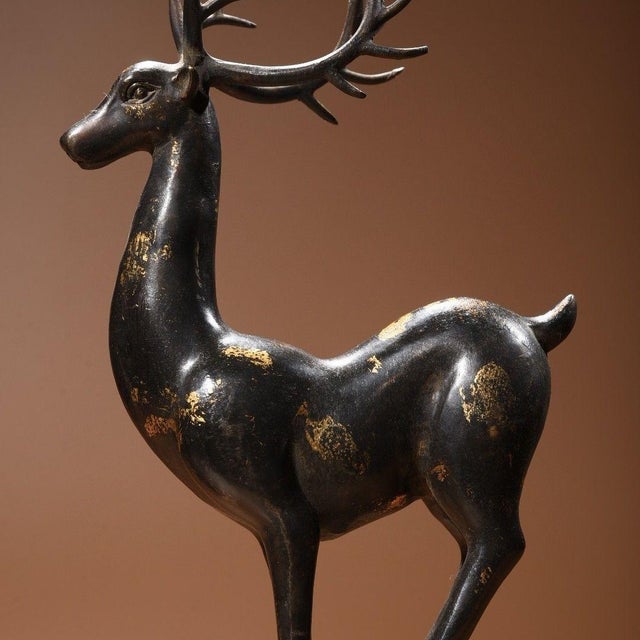 Black Pair of Vintage Chinese Gilt Bronze Deer Figures – Standing Auspicious Deer Sculptures For Sale - Image 8 of 9