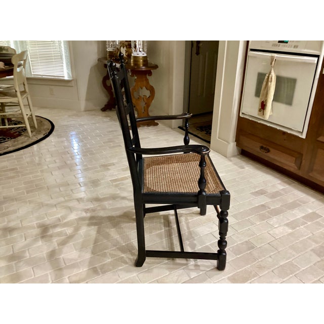Art Nouveau Antique Art Nouveau Ladderback Black Dining Side Desk Hall Arm Chair W/Cane Seat 41“ Tall For Sale - Image 3 of 9