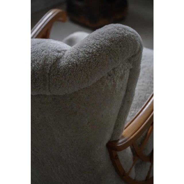 Wood Swedish Modern Lounge Chairs in Shearling Lambswool & Elm, 1940s, Set of 2 For Sale - Image 7 of 18