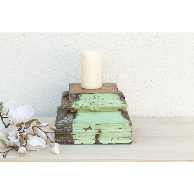 Indian Antique Aqua Teak Column Base For Sale - Image 3 of 7