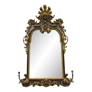 Antique Italian Baroque Figural Mahogany Giltwood Large Wall Mirror With Faces