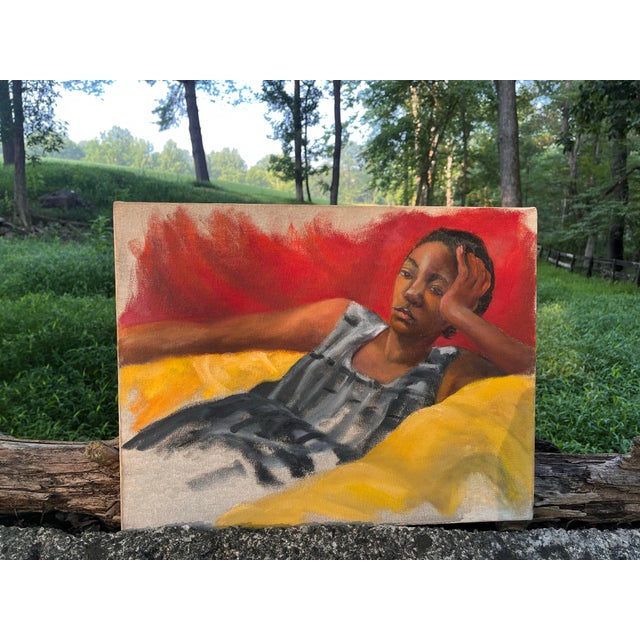1990s Vintage Original Modernist Figurative Painting Reclining Woman Red Yellow Abstract Art Mid Century For Sale - Image 5 of 8