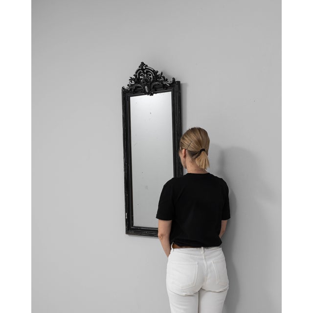 French 19th Century French Wood Black Patinated Mirror with Ornate Crest For Sale - Image 3 of 18