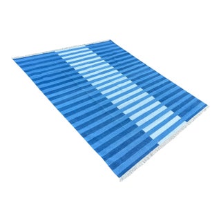 Handmade Cotton Area Rug, Natural Vegetable Dyed, Indigo Blue Striped Rug - 8'x10' For Sale