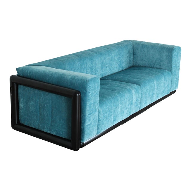 Iroko Cornaro Sofa in Wood and Azure Velvet by Carlo Scarpa for Studio Simon, 1974 For Sale - Image 11 of 18