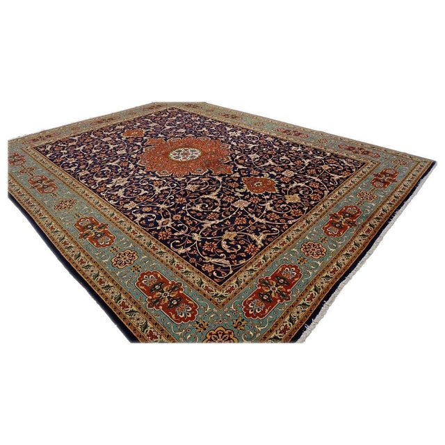 1940s Antique Persian Tabriz Wool 10X13 Navy, Orange & Teal Handmade Area Rug #9902146 For Sale - Image 5 of 7