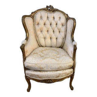 French Louis XVI White Bergere Tufted Wingback Arm Chair - Down Cushion #2 For Sale