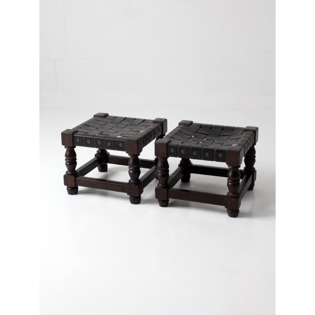 Mid-Century Spanish Revival Leather Strap Stools Pair For Sale - Image 6 of 15