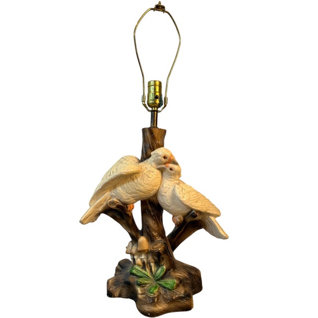 Rare and wonderfully whimsical vintage 1983 Creative Decor ceramic table lamp featuring two sculptural birds perched among...