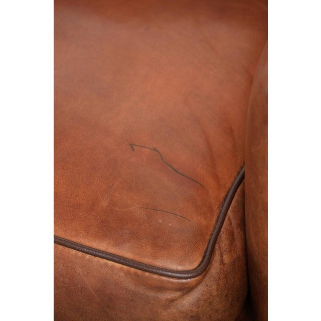 Sheepskin 2-Seater Sofa with Warm Cognac Brown Color Scheme and Finish with Black Piping For Sale - Image 13 of 15