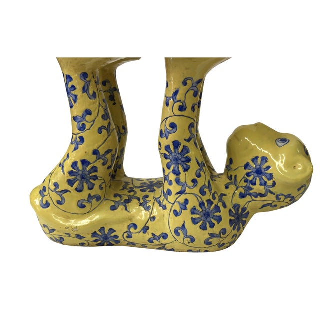 Asian Antique Vintage Oriental Yellow Base Color Blue Flower Monkey Holding Bowl Figure For Sale - Image 3 of 7