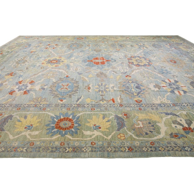 2010s Modern Sultanabad Blue Handmade Floral Wool Rug For Sale - Image 5 of 11