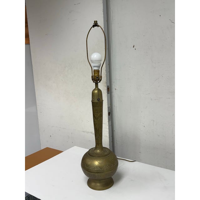 Moroccan Vintage Etched Brass Table Lamp For Sale - Image 3 of 12