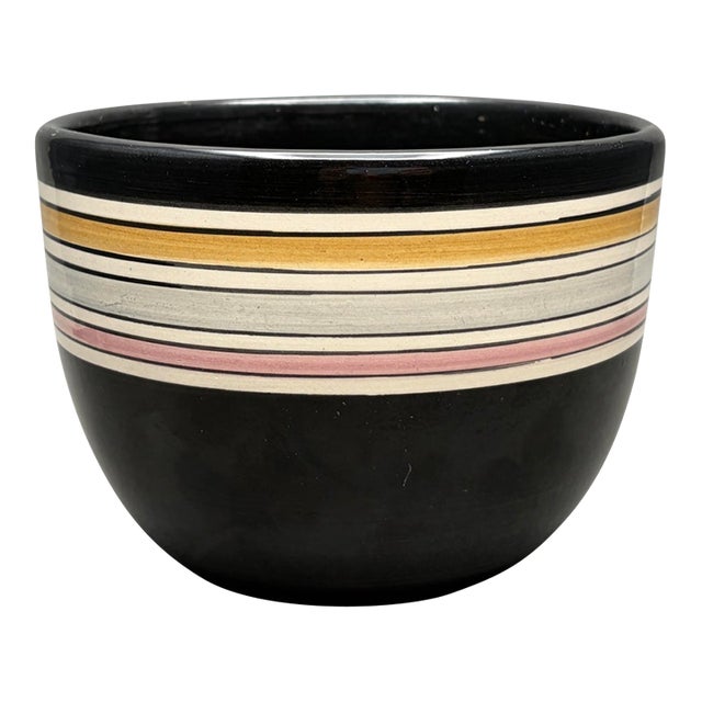 Vintage West Germany Mid Century Black Striped Ceramic Planter Pot For Sale