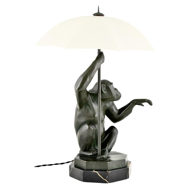 Art Deco Monkey with Umbrella Lamp by Max Le Verrier, 1927 For Sale - Image 3 of 13