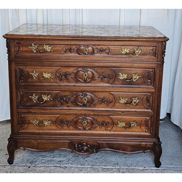 Late 19th Century Walnut Commode Chest, French Louis XV Style. Marble-Top For Sale - Image 4 of 18