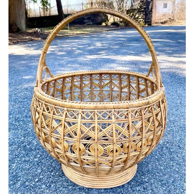 Mid 20th Century Vintage Large Woven Rattan Basket With Handle For Sale - Image 13 of 13