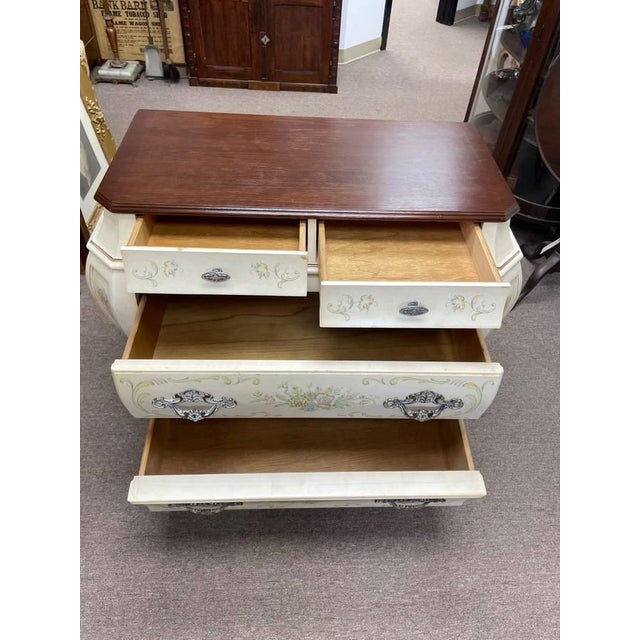 Late 20th Century White Bombay Style Chest of Drawers Dresser, Floral Print, Finished Woodgrain Top, 4 Drawers, Carved For Sale - Image 10 of 12