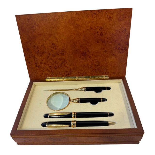 Vintage Italian Burlwood Desk Set - 5 Piece Set For Sale