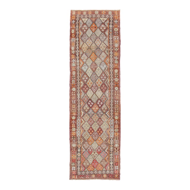 Vintage Hand Knotted Turkish Runner With All-Over Diamond Kurdish Design in Multi-Colors For Sale