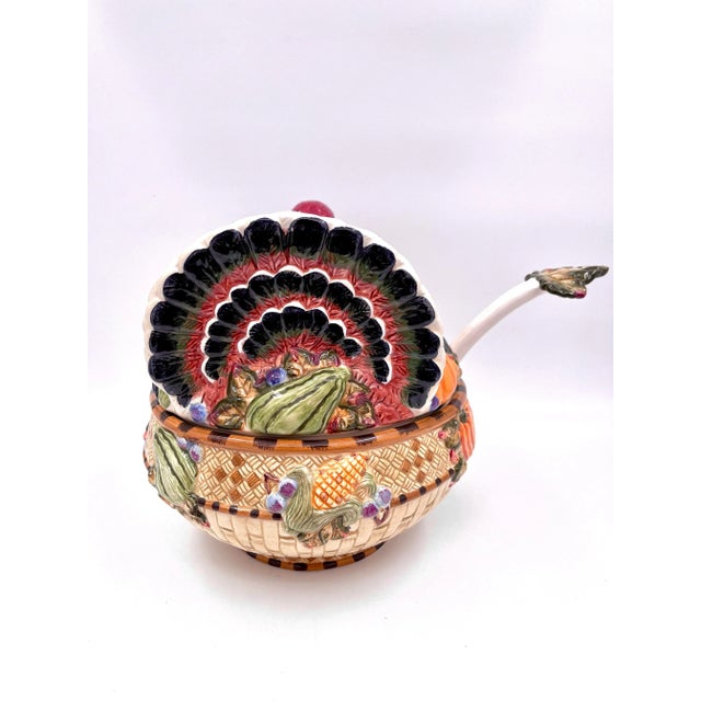 Late 20th Century 1990s Majolica Style Turkey Tureen Centerpiece With Lid and Ladle For Sale - Image 5 of 12