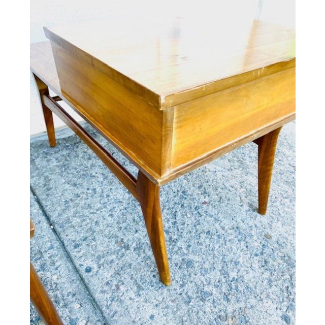 Brown Mid 20th Century Pair of Mersman Solid Wood Single Drawer 2-Tier Step End Tables Model 8170 Classic MCM Style For Sale - Image 8 of 12