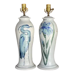 Vintage Hand Painted Ceramic Crane Bamboo Motif - Pair