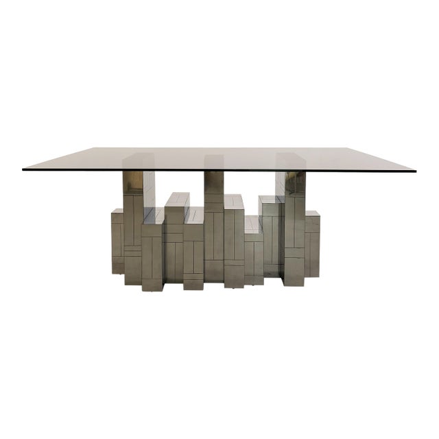 Vintage MCM Paul Evans Cityscape Dining Table – Gunmetal Base, Smoke Glass Top, 1970s For Sale